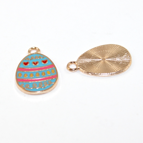 14mm x 22mm Blue & Pink Heart Swirl Easter Egg Charm - Pale Gold - 2 Pieces