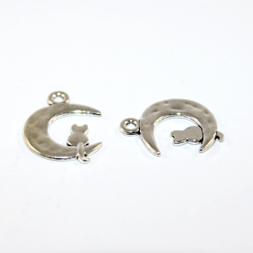 24mm x 18mm Cat Sitting on a Crescent Moon Charm - 2 Pieces - Platinum