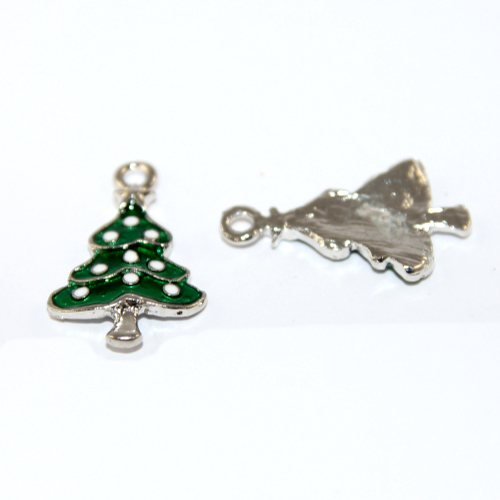 Green with White Dots Enamel Christmas Tree Charms - Silver  - Pair