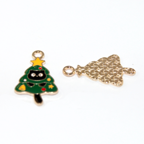 Cat in the Christmas Tree Enamel Charm - Pale Gold - Pair