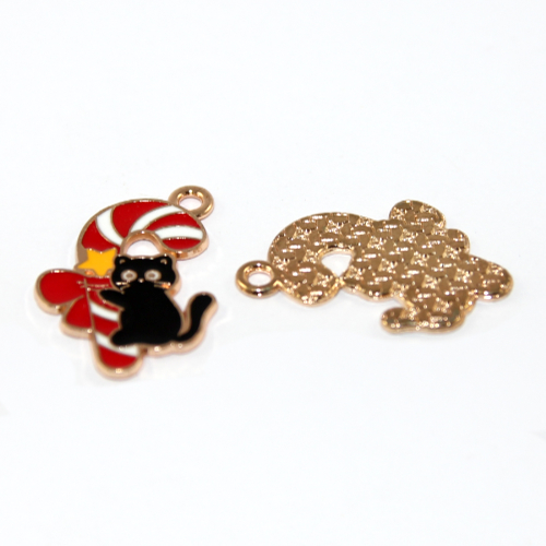 Cat Hugging a Candy Cane Enamel Charm - Pale Gold - Pair