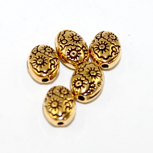 8mm x 6mm Flower Stamped Oval Bead - Gold