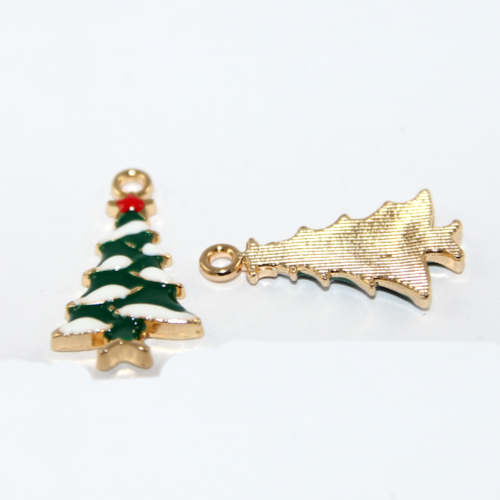 Green with White Snow Enamel Christmas Tree Charms - Pale Gold  - Pair