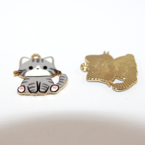 Shaded Silver (Grey & White) Enamel Cat Charms - Sitting - Pale Gold - 2 Pieces