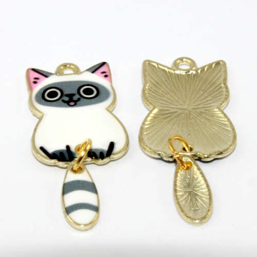 Lynx (White & Grey) Enamel Cat Charms - Standing with Swinging Tail - Pale Gold - 2 Pieces