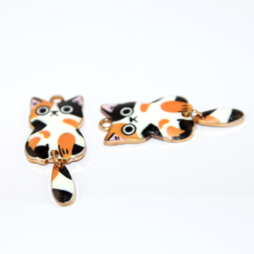 Calico Enamel Cat Charms - Standing with Swinging Tail - Pale Gold - 2 Pieces