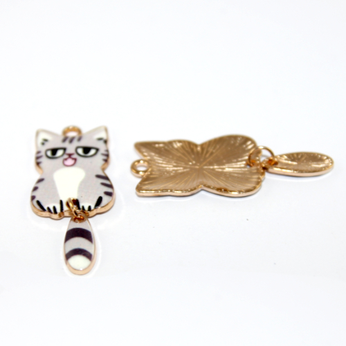 Shaded Silver (Grey & White) Enamel Cat Charms - Standing with Swinging Tail - Pale Gold - 2 Pieces