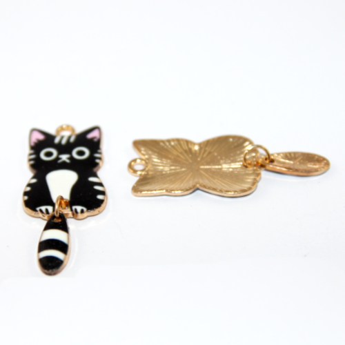 Tuxedo (Black & White) Enamel Cat Charms - Standing with Swinging Tail - Pale Gold - 2 Pieces