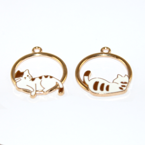 White with Brown Stripes Enamel Cat Charms - Snoozing in a Circle Frame (Front and Back) - Pale Gold - 2 Pieces