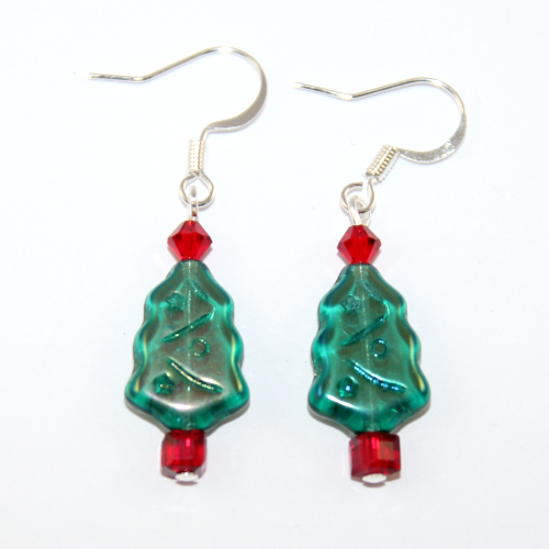 Christmas Tree Earrings - Czech Glass - Emerald AB with Silver Findings