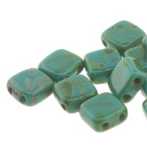 30 2 hole tile beads, turquoise green bronze picasso, 6mm