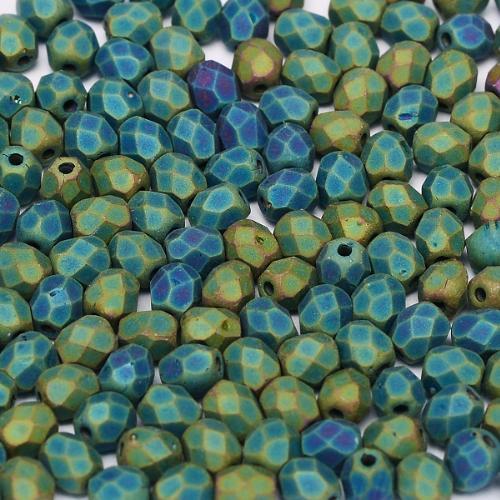 4mm Fire Polish Bead - Jet Matted Green Iris - 23980-21155